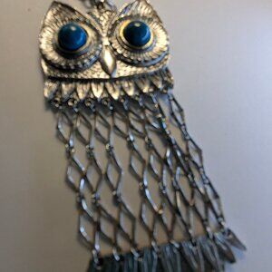 1970's Articulated Owl Pendant Necklace with Faux Turquoise Eyes Silver Tone
